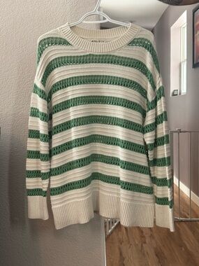 Ava & Viv Cream and Green Open-Weave Striped Crewneck Sweater